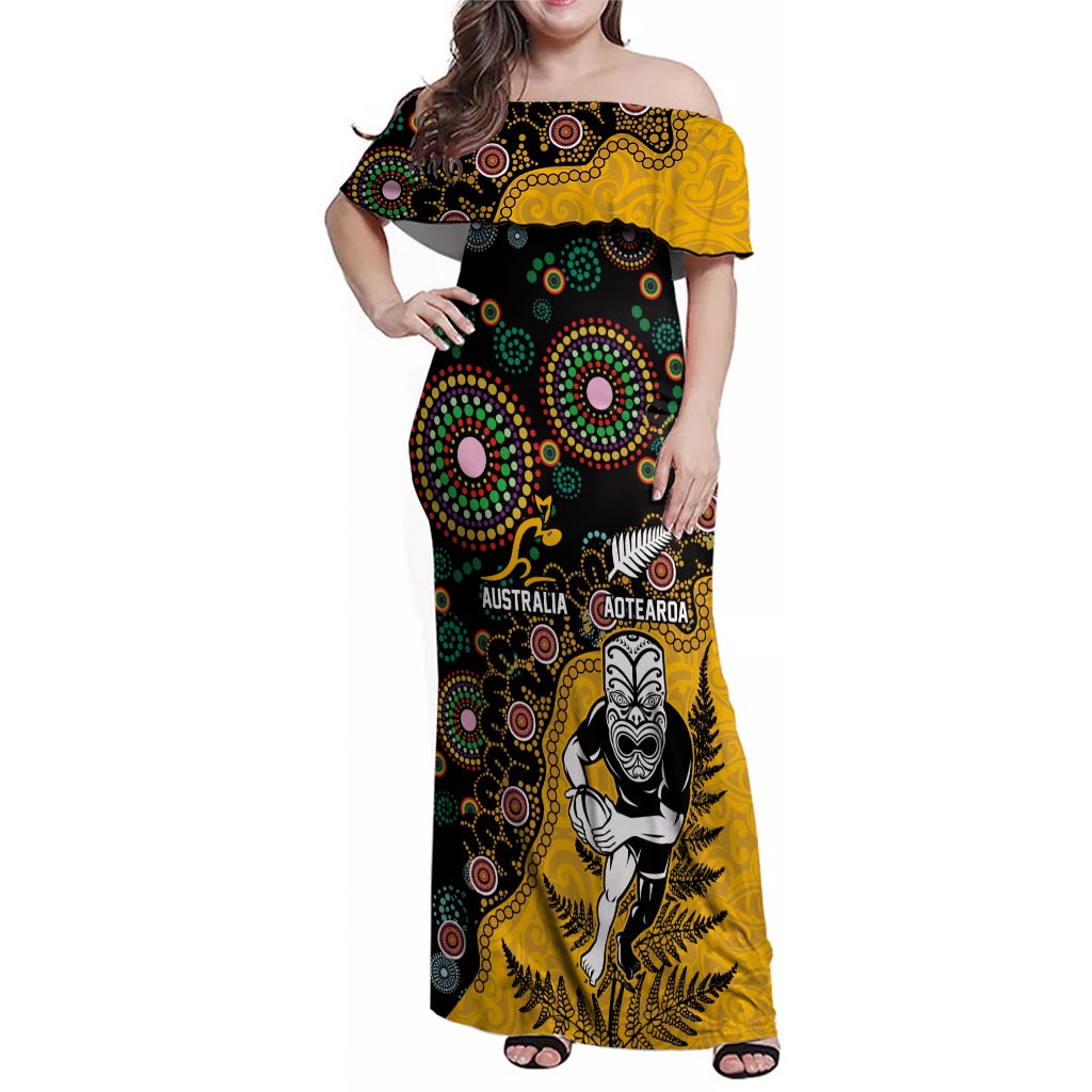 Custom New Zealand and Australia Rugby Family Matching Off Shoulder Maxi Dress and Hawaiian Shirt Maori Warrior With Aboriginal Version LT03 Mom's Dress Black - Polynesian Pride