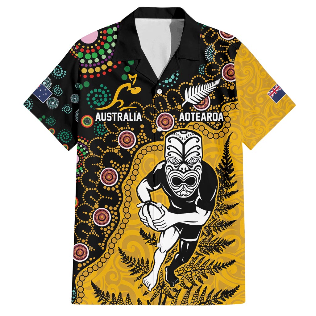 Custom New Zealand and Australia Rugby Family Matching Off Shoulder Short Dress and Hawaiian Shirt Maori Warrior With Aboriginal Version LT03 Dad's Shirt - Short Sleeve Black - Polynesian Pride