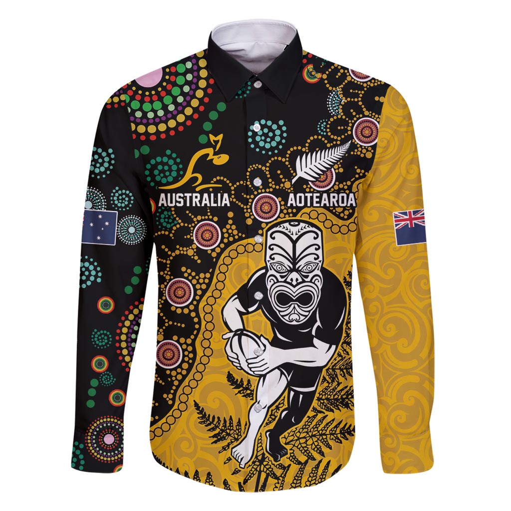 Custom New Zealand and Australia Rugby Family Matching Off Shoulder Short Dress and Hawaiian Shirt Maori Warrior With Aboriginal Version LT03 Dad's Shirt - Long Sleeve Black - Polynesian Pride