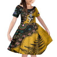 Custom New Zealand and Australia Rugby Family Matching Puletasi and Hawaiian Shirt Maori Warrior With Aboriginal Version LT03 Daughter's Dress Black - Polynesian Pride