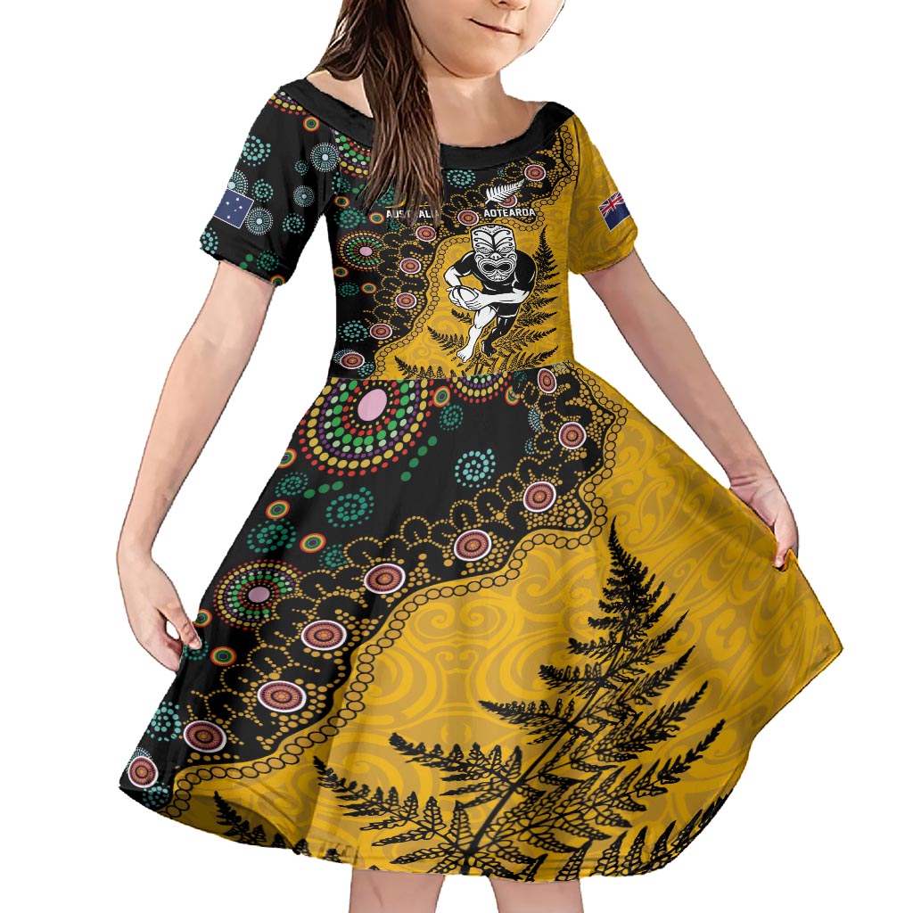 Custom New Zealand and Australia Rugby Family Matching Short Sleeve Bodycon Dress and Hawaiian Shirt Maori Warrior With Aboriginal Version LT03 Daughter's Dress Black - Polynesian Pride