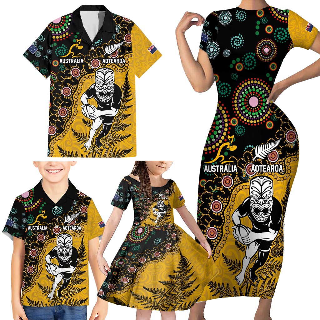 Custom New Zealand and Australia Rugby Family Matching Short Sleeve Bodycon Dress and Hawaiian Shirt Maori Warrior With Aboriginal Version LT03 - Polynesian Pride