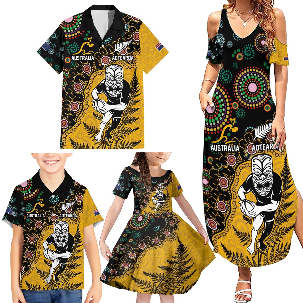 Custom New Zealand and Australia Rugby Family Matching Summer Maxi Dress and Hawaiian Shirt Maori Warrior With Aboriginal Version LT03 - Polynesian Pride