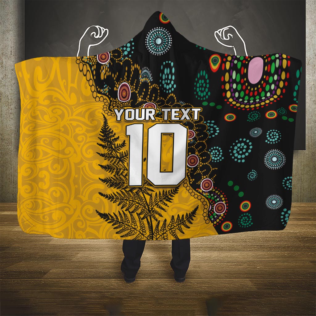 Custom New Zealand and Australia Rugby Hooded Blanket Maori Warrior With Aboriginal Version LT03 One Size Black - Polynesian Pride
