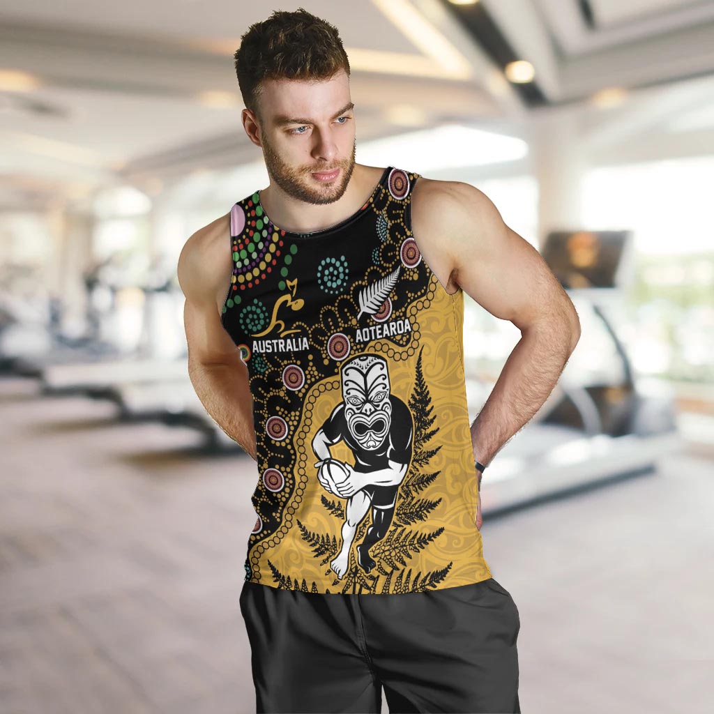 Custom New Zealand and Australia Rugby Men Tank Top Maori Warrior With Aboriginal Version LT03 Black - Polynesian Pride