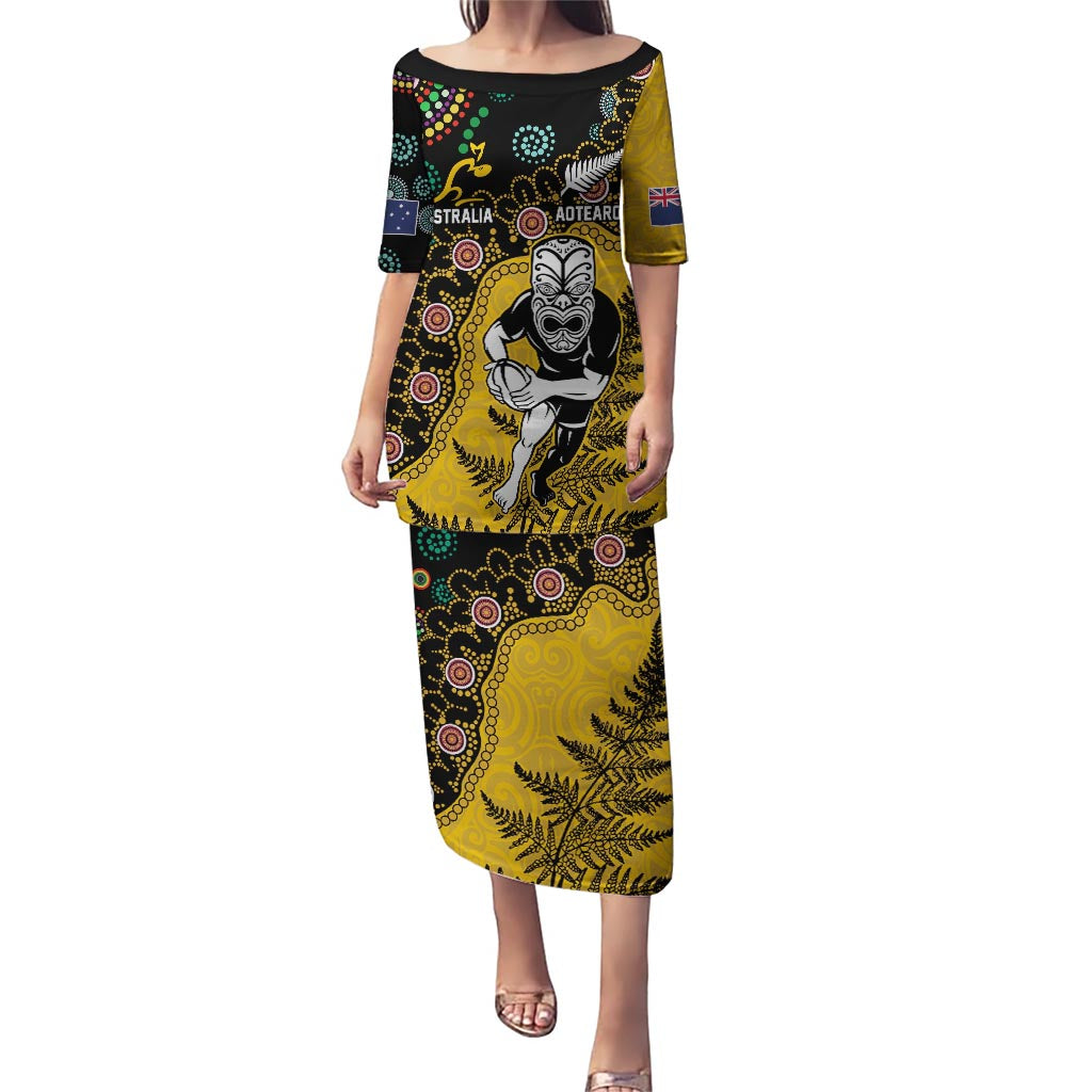 Custom New Zealand and Australia Rugby Puletasi Maori Warrior With Aboriginal Version LT03 Long Dress Black - Polynesian Pride