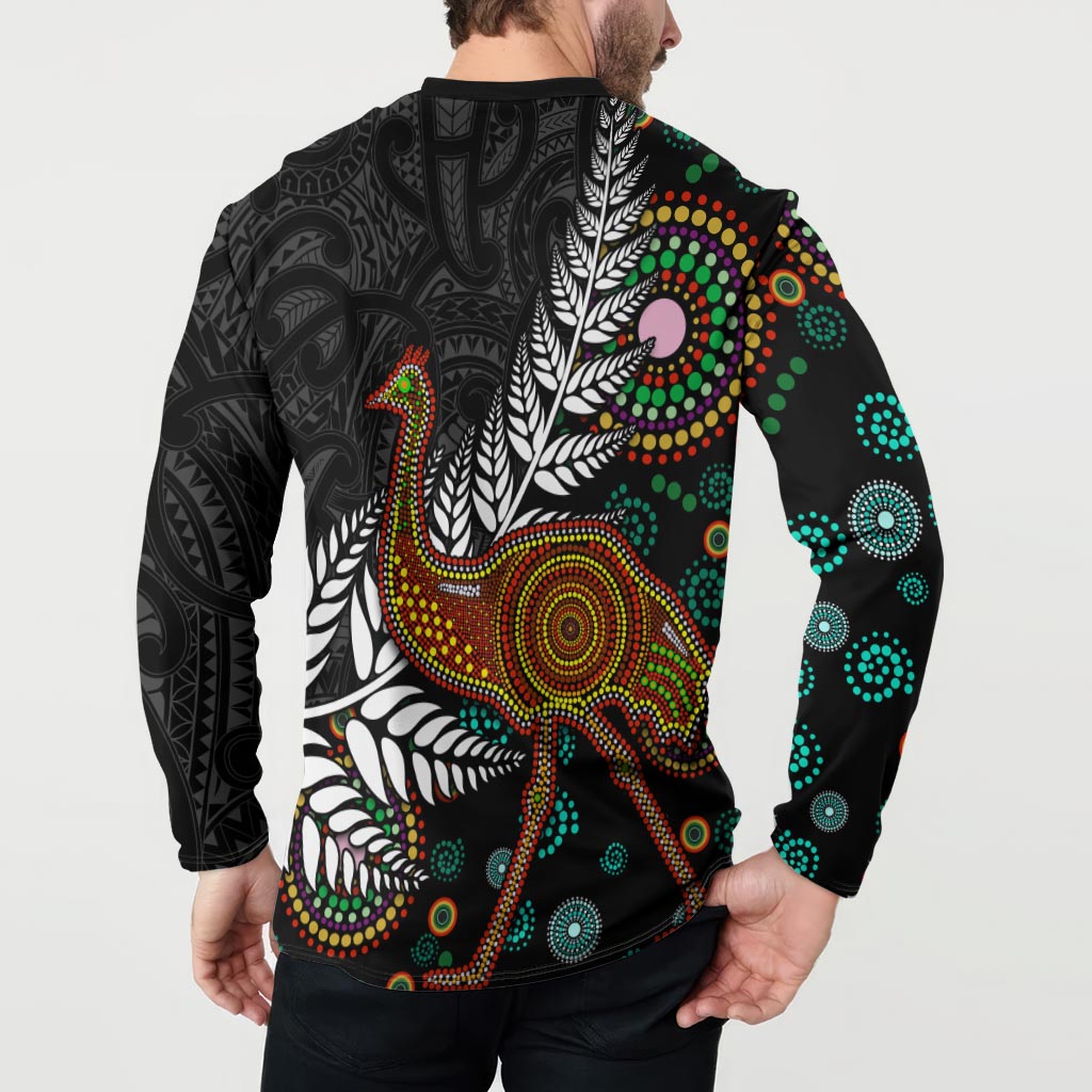 New Zealand Fern and Australia Emu Button Sweatshirt Aboriginal Mix Maori Pattern