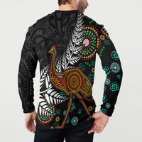 New Zealand Fern and Australia Emu Button Sweatshirt Aboriginal Mix Maori Pattern