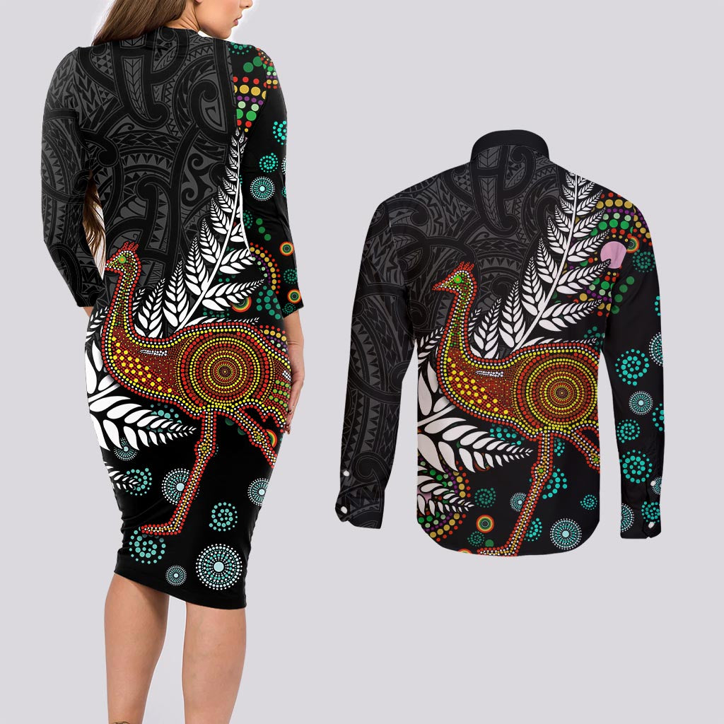 New Zealand Fern and Australia Emu Couples Matching Long Sleeve Bodycon Dress and Long Sleeve Button Shirt Aboriginal Mix Maori Pattern LT03 - Polynesian Pride