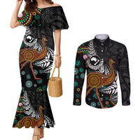 New Zealand Fern and Australia Emu Couples Matching Mermaid Dress and Long Sleeve Button Shirt Aboriginal Mix Maori Pattern