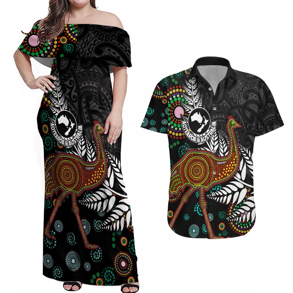 New Zealand Fern and Australia Emu Couples Matching Off Shoulder Maxi Dress and Hawaiian Shirt Aboriginal Mix Maori Pattern LT03 Blue - Polynesian Pride