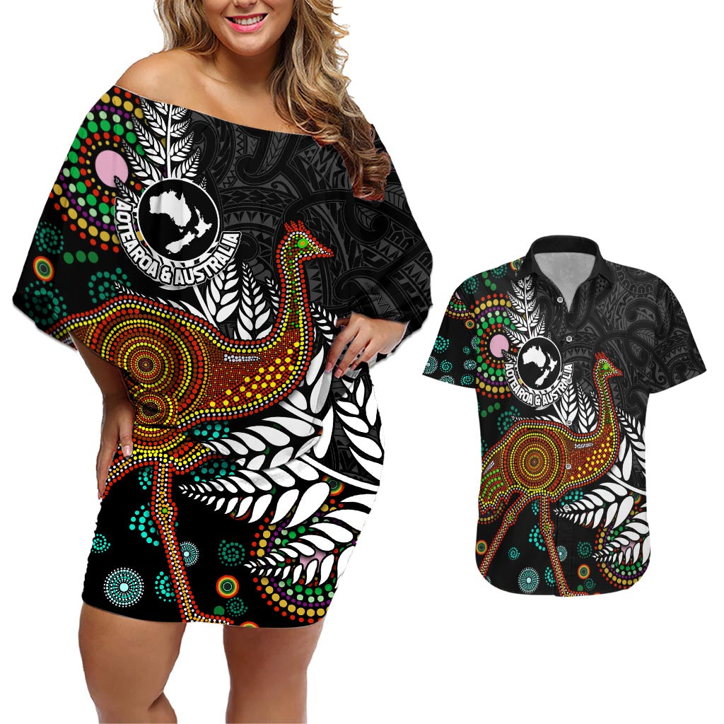 New Zealand Fern and Australia Emu Couples Matching Off Shoulder Short Dress and Hawaiian Shirt Aboriginal Mix Maori Pattern LT03 Blue - Polynesian Pride