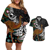 New Zealand Fern and Australia Emu Couples Matching Off Shoulder Short Dress and Hawaiian Shirt Aboriginal Mix Maori Pattern LT03 Blue - Polynesian Pride