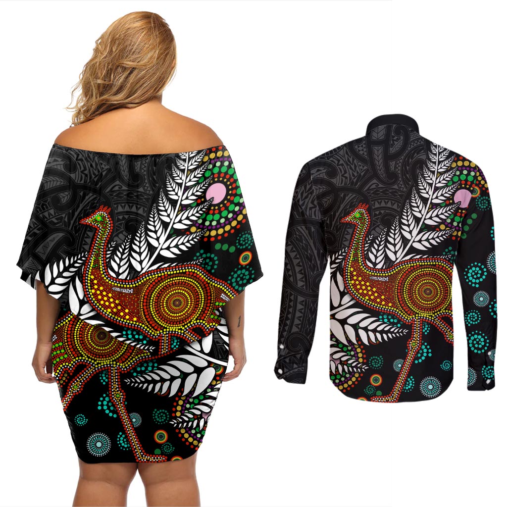 New Zealand Fern and Australia Emu Couples Matching Off Shoulder Short Dress and Long Sleeve Button Shirt Aboriginal Mix Maori Pattern