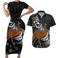 New Zealand Fern and Australia Emu Couples Matching Short Sleeve Bodycon Dress and Hawaiian Shirt Aboriginal Mix Maori Pattern LT03 Blue - Polynesian Pride