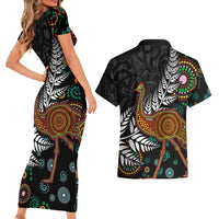 New Zealand Fern and Australia Emu Couples Matching Short Sleeve Bodycon Dress and Hawaiian Shirt Aboriginal Mix Maori Pattern LT03 - Polynesian Pride