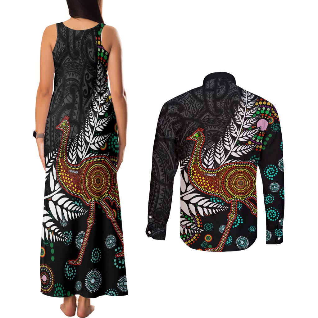 New Zealand Fern and Australia Emu Couples Matching Tank Maxi Dress and Long Sleeve Button Shirt Aboriginal Mix Maori Pattern
