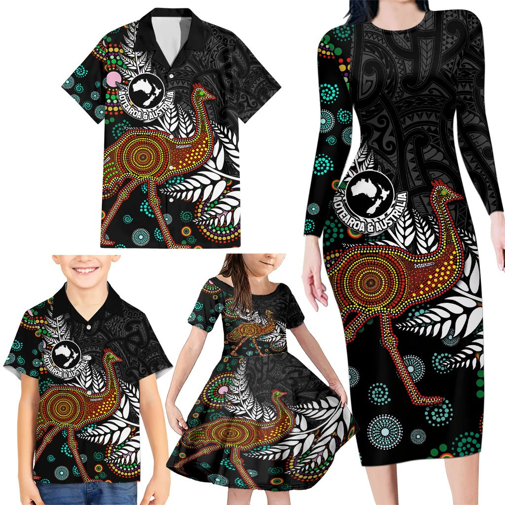 New Zealand Fern and Australia Emu Family Matching Long Sleeve Bodycon Dress and Hawaiian Shirt Aboriginal Mix Maori Pattern LT03 - Polynesian Pride