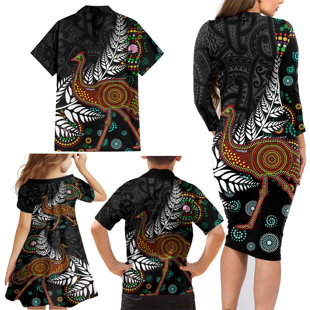 New Zealand Fern and Australia Emu Family Matching Long Sleeve Bodycon Dress and Hawaiian Shirt Aboriginal Mix Maori Pattern LT03 - Polynesian Pride