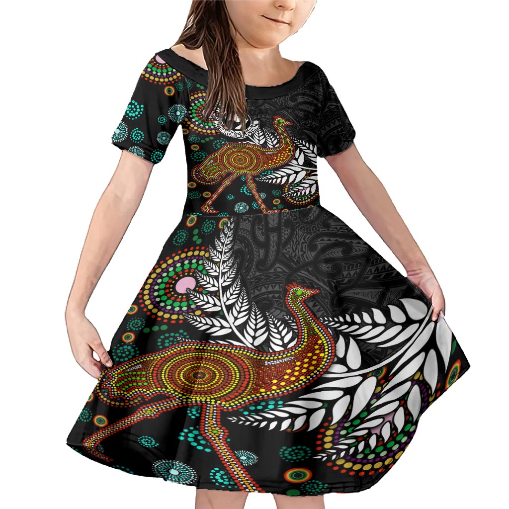 New Zealand Fern and Australia Emu Family Matching Mermaid Dress and Hawaiian Shirt Aboriginal Mix Maori Pattern LT03 Daughter's Dress Blue - Polynesian Pride