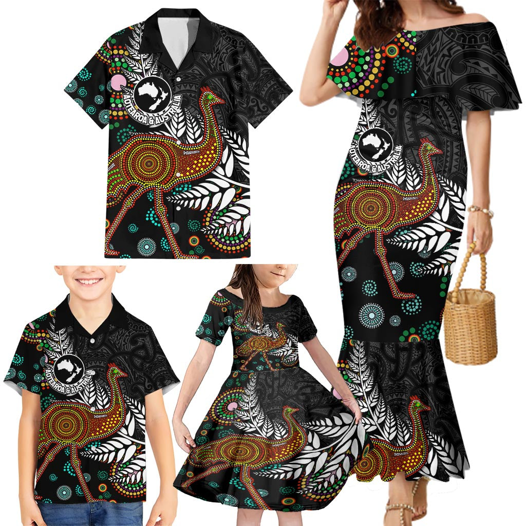 New Zealand Fern and Australia Emu Family Matching Mermaid Dress and Hawaiian Shirt Aboriginal Mix Maori Pattern LT03 - Polynesian Pride