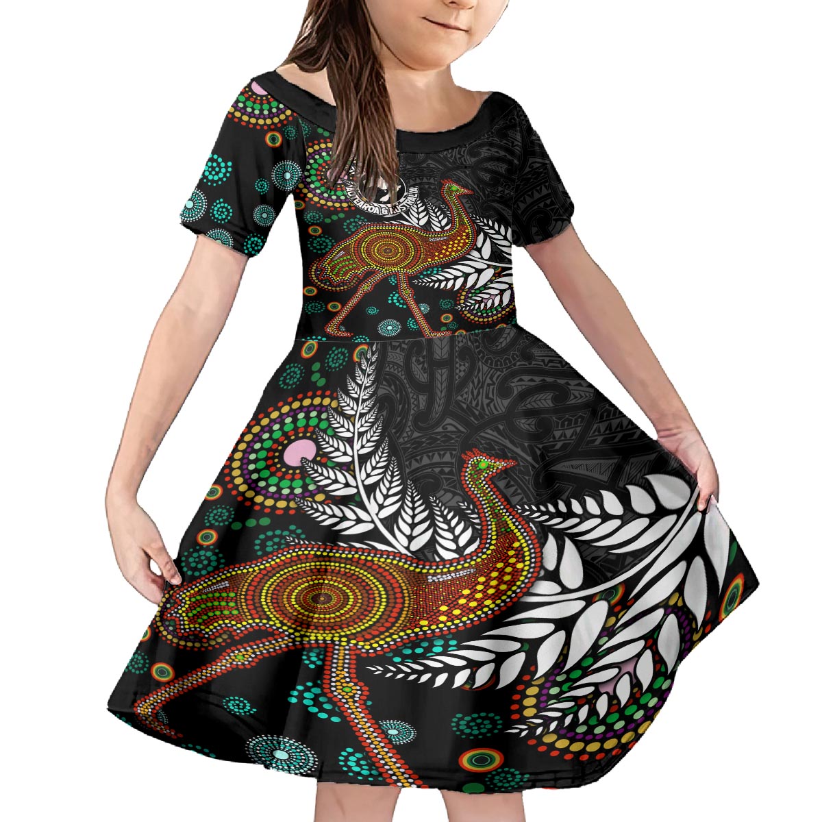 New Zealand Fern and Australia Emu Family Matching Off The Shoulder Long Sleeve Dress and Hawaiian Shirt Aboriginal Mix Maori Pattern LT03 Daughter's Dress Blue - Polynesian Pride