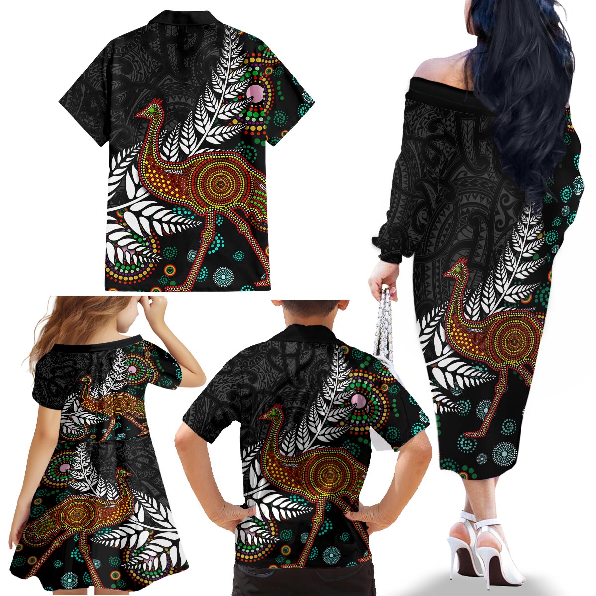 New Zealand Fern and Australia Emu Family Matching Off The Shoulder Long Sleeve Dress and Hawaiian Shirt Aboriginal Mix Maori Pattern LT03 - Polynesian Pride