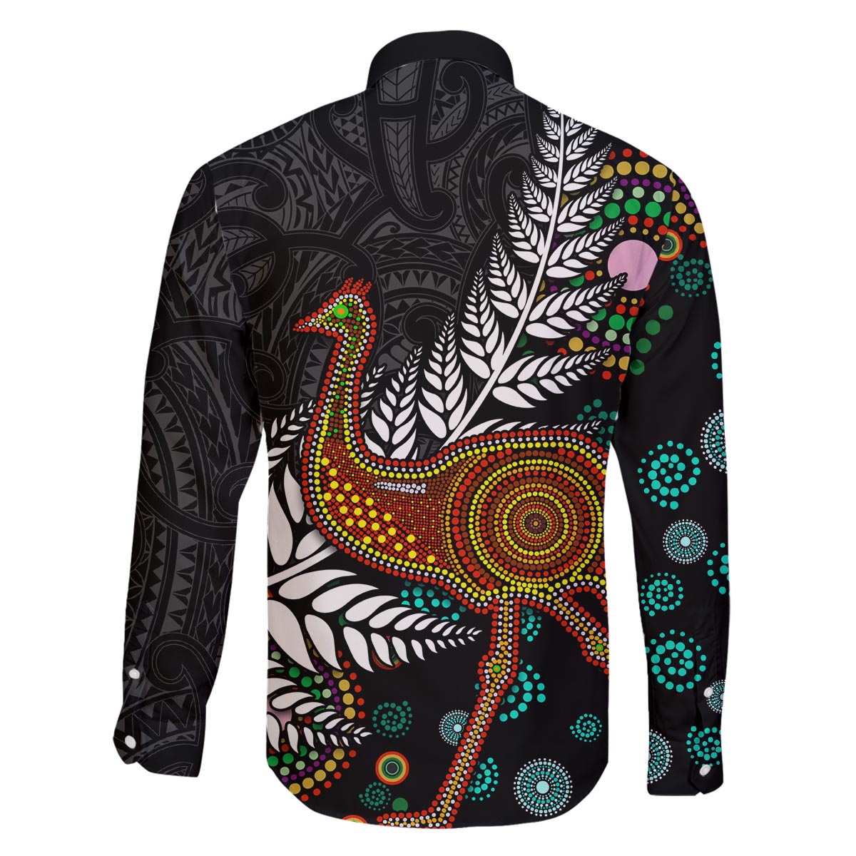 New Zealand Fern and Australia Emu Family Matching Off The Shoulder Long Sleeve Dress and Hawaiian Shirt Aboriginal Mix Maori Pattern LT03 - Polynesian Pride