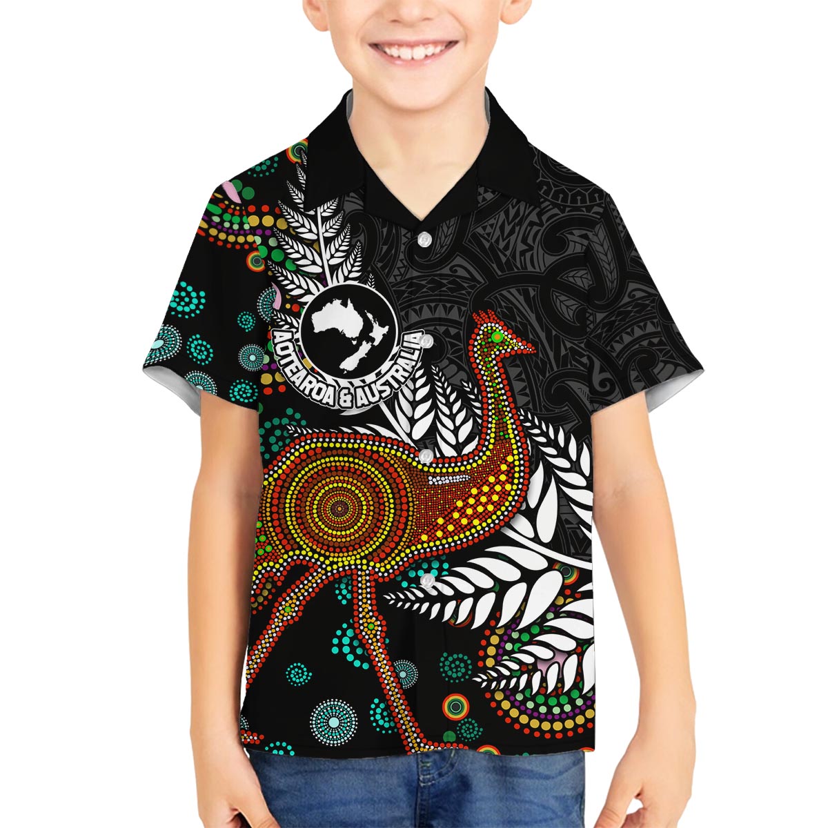 New Zealand Fern and Australia Emu Family Matching Off The Shoulder Long Sleeve Dress and Hawaiian Shirt Aboriginal Mix Maori Pattern LT03 Son's Shirt Blue - Polynesian Pride