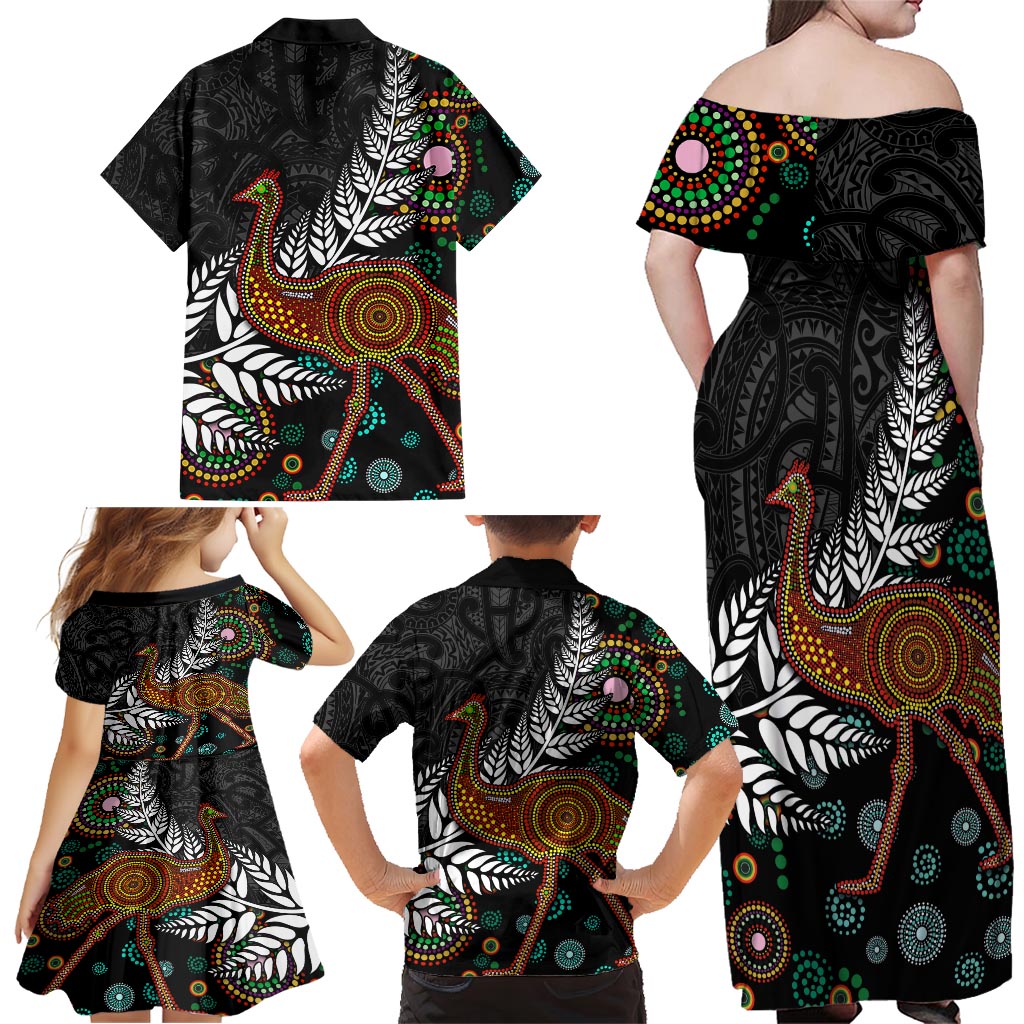 New Zealand Fern and Australia Emu Family Matching Off Shoulder Maxi Dress and Hawaiian Shirt Aboriginal Mix Maori Pattern LT03 - Polynesian Pride