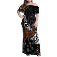 New Zealand Fern and Australia Emu Family Matching Off Shoulder Maxi Dress and Hawaiian Shirt Aboriginal Mix Maori Pattern LT03 Mom's Dress Blue - Polynesian Pride