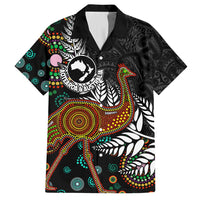 New Zealand Fern and Australia Emu Family Matching Off Shoulder Short Dress and Hawaiian Shirt Aboriginal Mix Maori Pattern LT03 Dad's Shirt - Short Sleeve Blue - Polynesian Pride