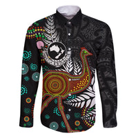 New Zealand Fern and Australia Emu Family Matching Puletasi and Hawaiian Shirt Aboriginal Mix Maori Pattern LT03 Dad's Shirt - Long Sleeve Blue - Polynesian Pride