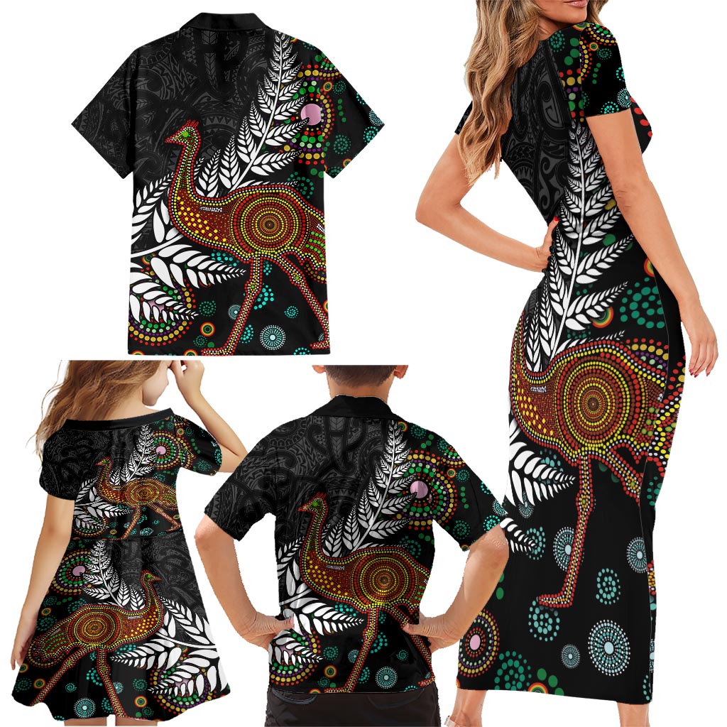 New Zealand Fern and Australia Emu Family Matching Short Sleeve Bodycon Dress and Hawaiian Shirt Aboriginal Mix Maori Pattern LT03 - Polynesian Pride