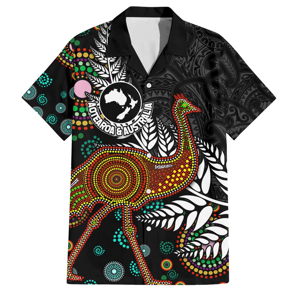 New Zealand Fern and Australia Emu Family Matching Summer Maxi Dress and Hawaiian Shirt Aboriginal Mix Maori Pattern LT03 Dad's Shirt - Short Sleeve Blue - Polynesian Pride