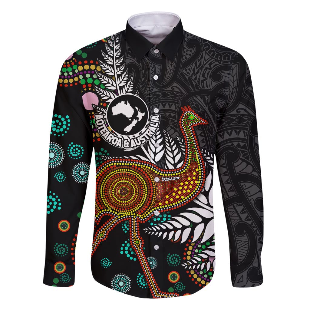 New Zealand Fern and Australia Emu Family Matching Summer Maxi Dress and Hawaiian Shirt Aboriginal Mix Maori Pattern LT03 Dad's Shirt - Long Sleeve Blue - Polynesian Pride