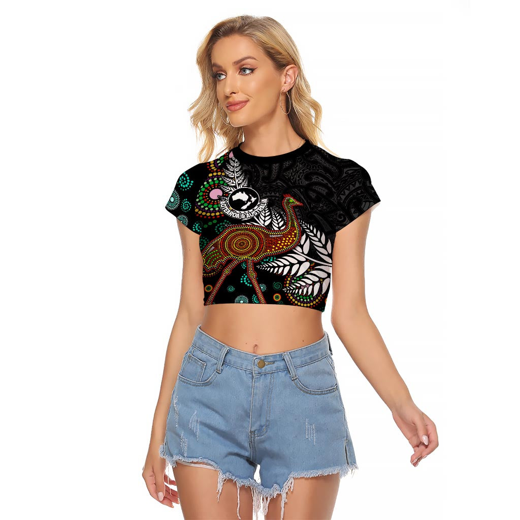 New Zealand Fern and Australia Emu Raglan Cropped T Shirt Aboriginal Mix Maori Pattern