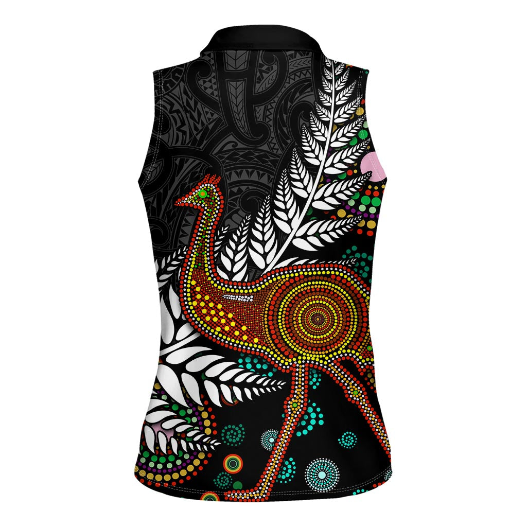 New Zealand Fern and Australia Emu Women Sleeveless Polo Shirt Aboriginal Mix Maori Pattern