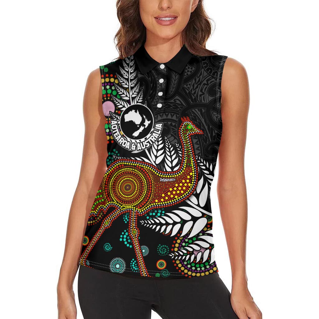New Zealand Fern and Australia Emu Women Sleeveless Polo Shirt Aboriginal Mix Maori Pattern