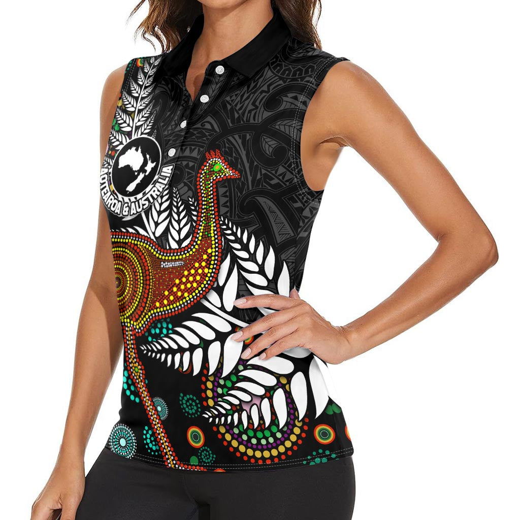 New Zealand Fern and Australia Emu Women Sleeveless Polo Shirt Aboriginal Mix Maori Pattern