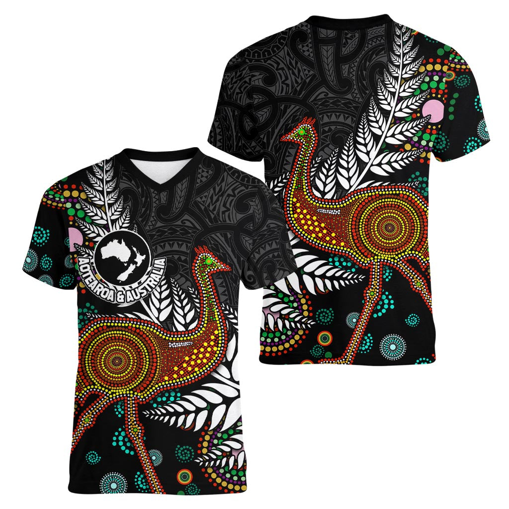 New Zealand Fern and Australia Emu Women V-Neck T-Shirt Aboriginal Mix Maori Pattern