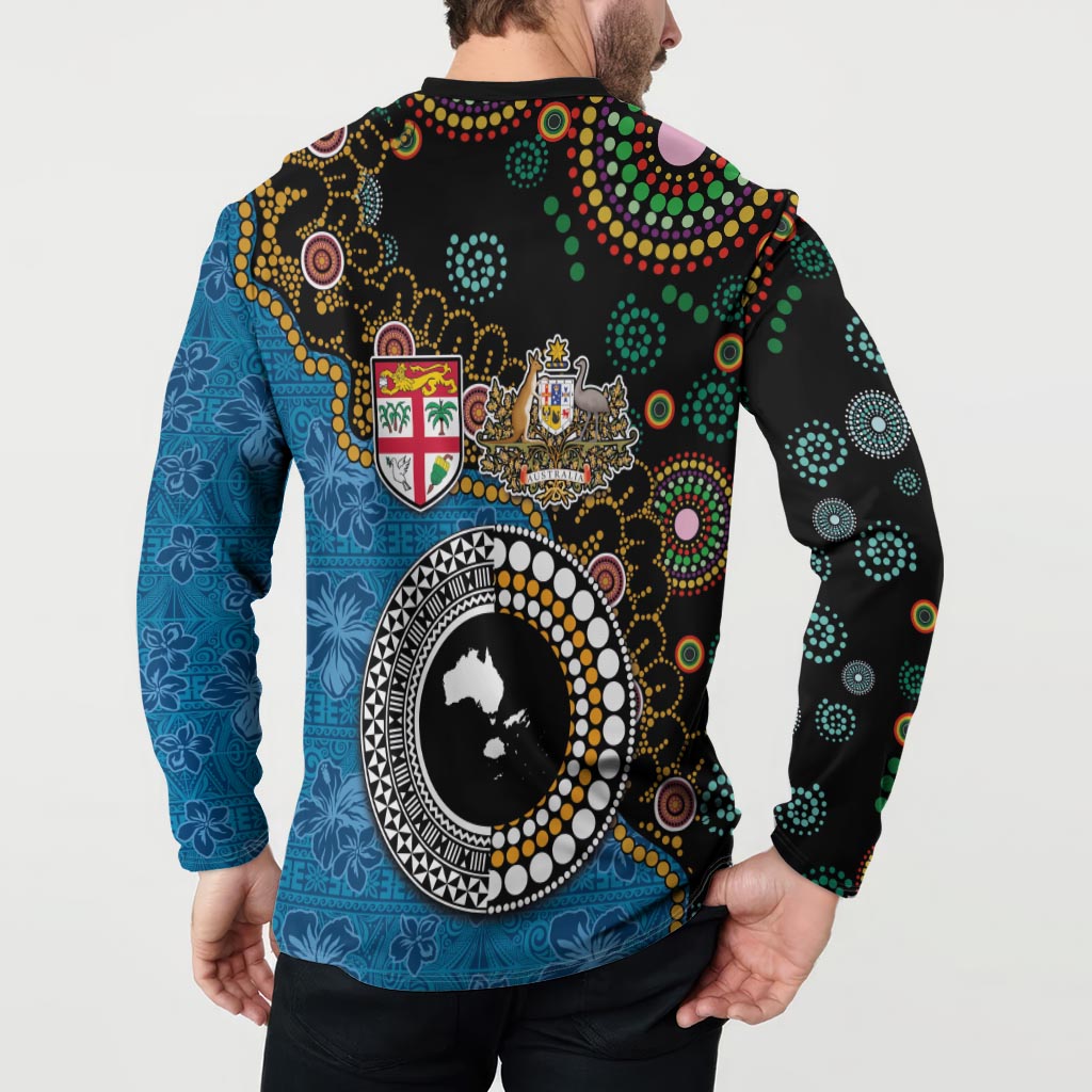 Fiji Palm Tree and Australia Kangaroo Button Sweatshirt Aboriginal Mix Tapa Pattern