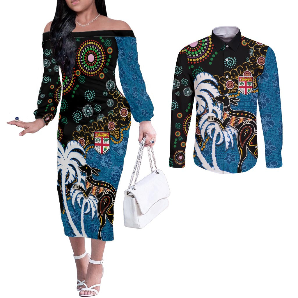 Fiji Palm Tree and Australia Kangaroo Couples Matching Off The Shoulder Long Sleeve Dress and Long Sleeve Button Shirt Aboriginal Mix Tapa Pattern