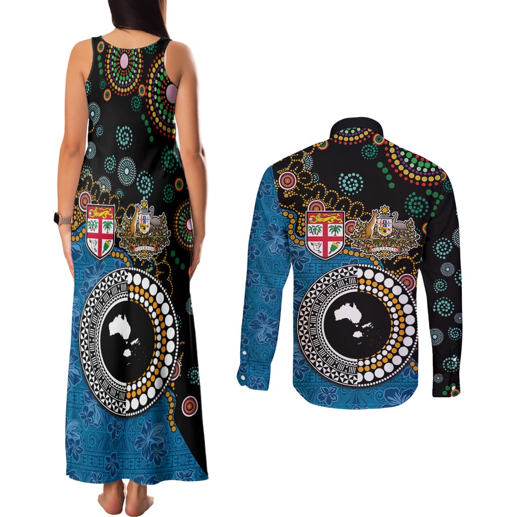 Fiji Palm Tree and Australia Kangaroo Couples Matching Tank Maxi Dress and Long Sleeve Button Shirt Aboriginal Mix Tapa Pattern