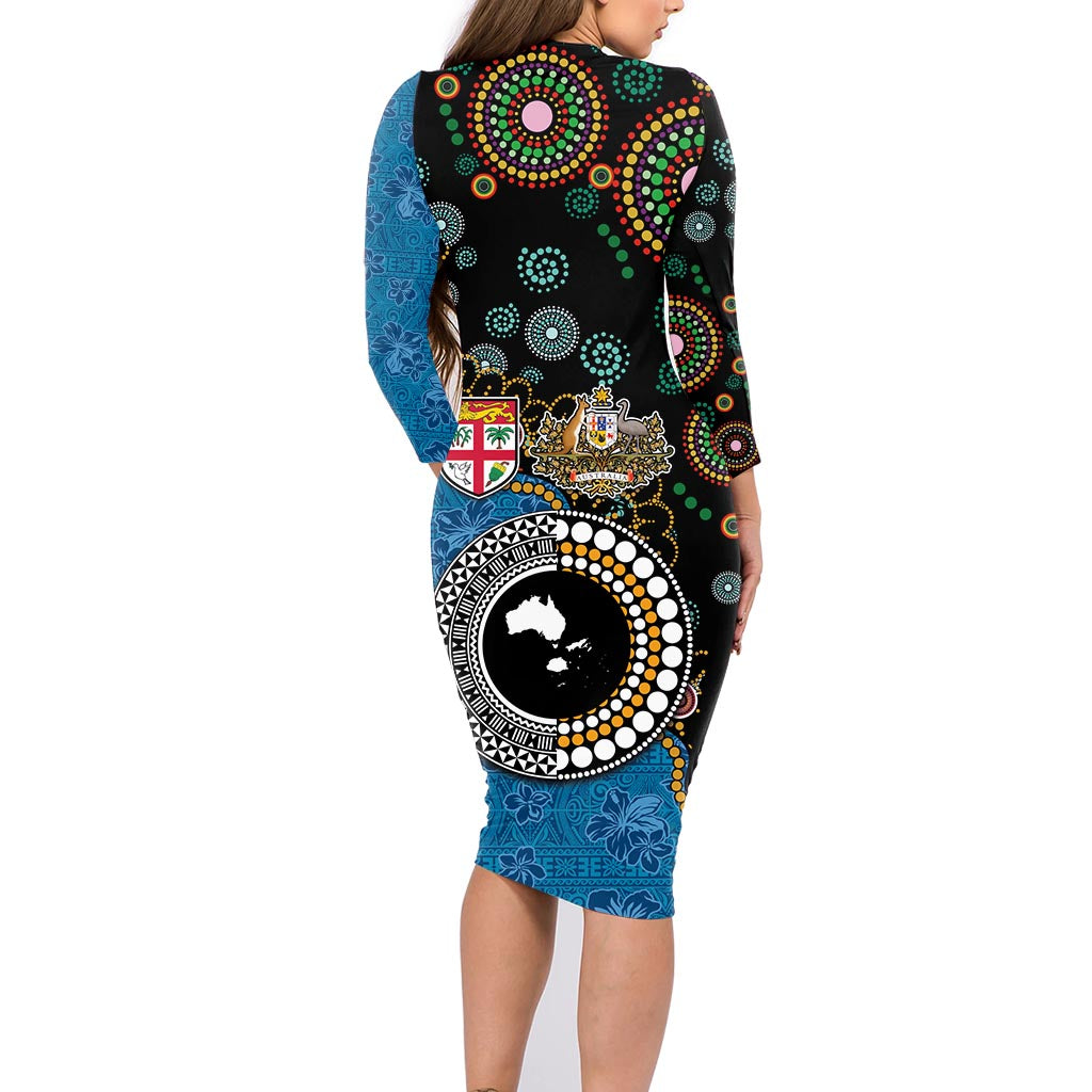 Fiji Palm Tree and Australia Kangaroo Family Matching Long Sleeve Bodycon Dress and Hawaiian Shirt Aboriginal Mix Tapa Pattern