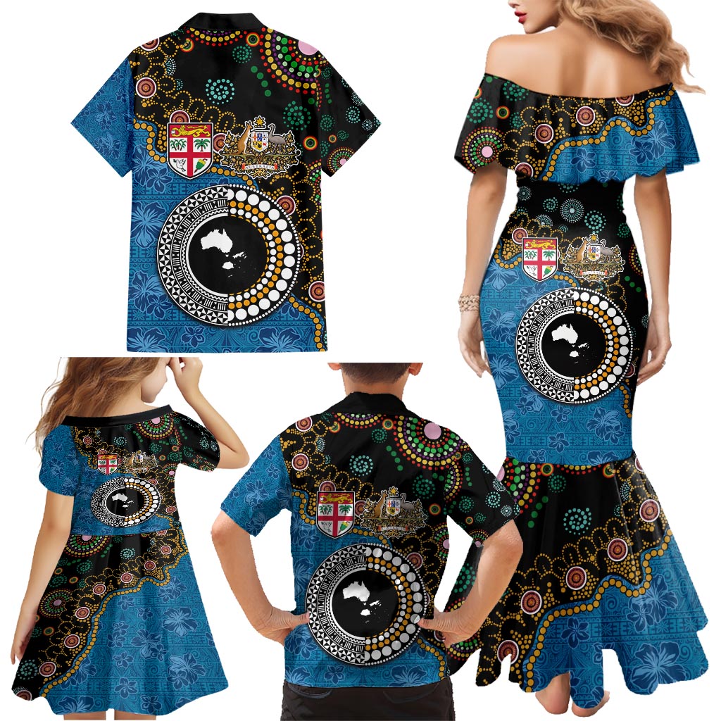 Fiji Palm Tree and Australia Kangaroo Family Matching Mermaid Dress and Hawaiian Shirt Aboriginal Mix Tapa Pattern