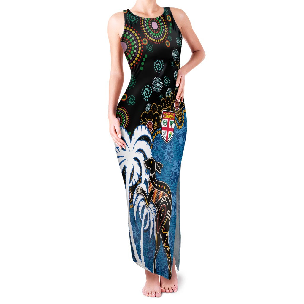 Fiji Palm Tree and Australia Kangaroo Family Matching Tank Maxi Dress and Hawaiian Shirt Aboriginal Mix Tapa Pattern