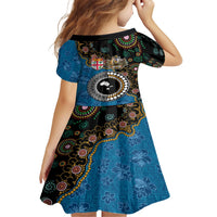 Fiji Palm Tree and Australia Kangaroo Kid Short Sleeve Dress Aboriginal Mix Tapa Pattern