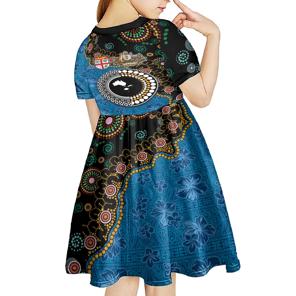 Fiji Palm Tree and Australia Kangaroo Kid Short Sleeve Dress Aboriginal Mix Tapa Pattern