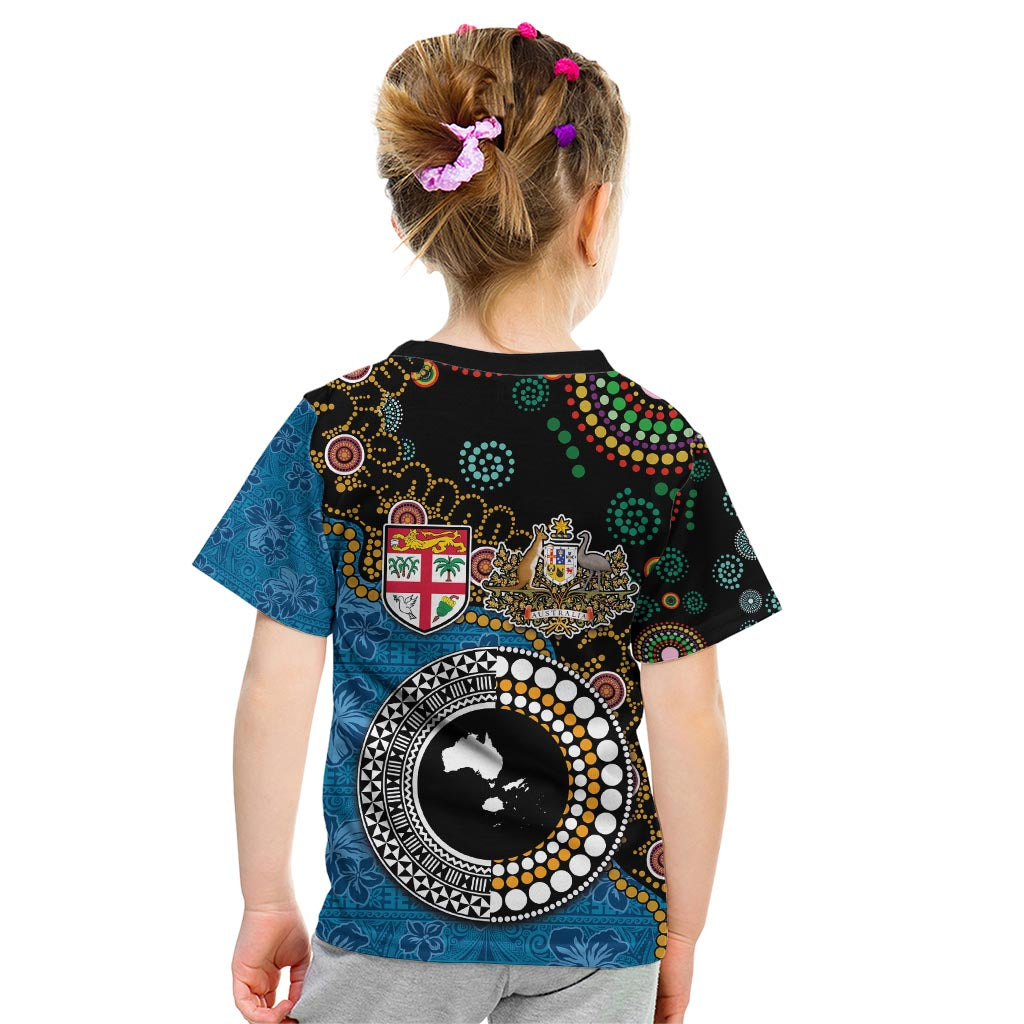Fiji Palm Tree and Australia Kangaroo Kid T Shirt Aboriginal Mix Tapa Pattern